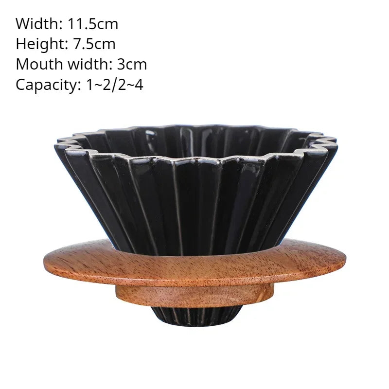 Wooden Coffee Dripper with V Style Drip and Reusable Filters, Ceramic Coffee Filters