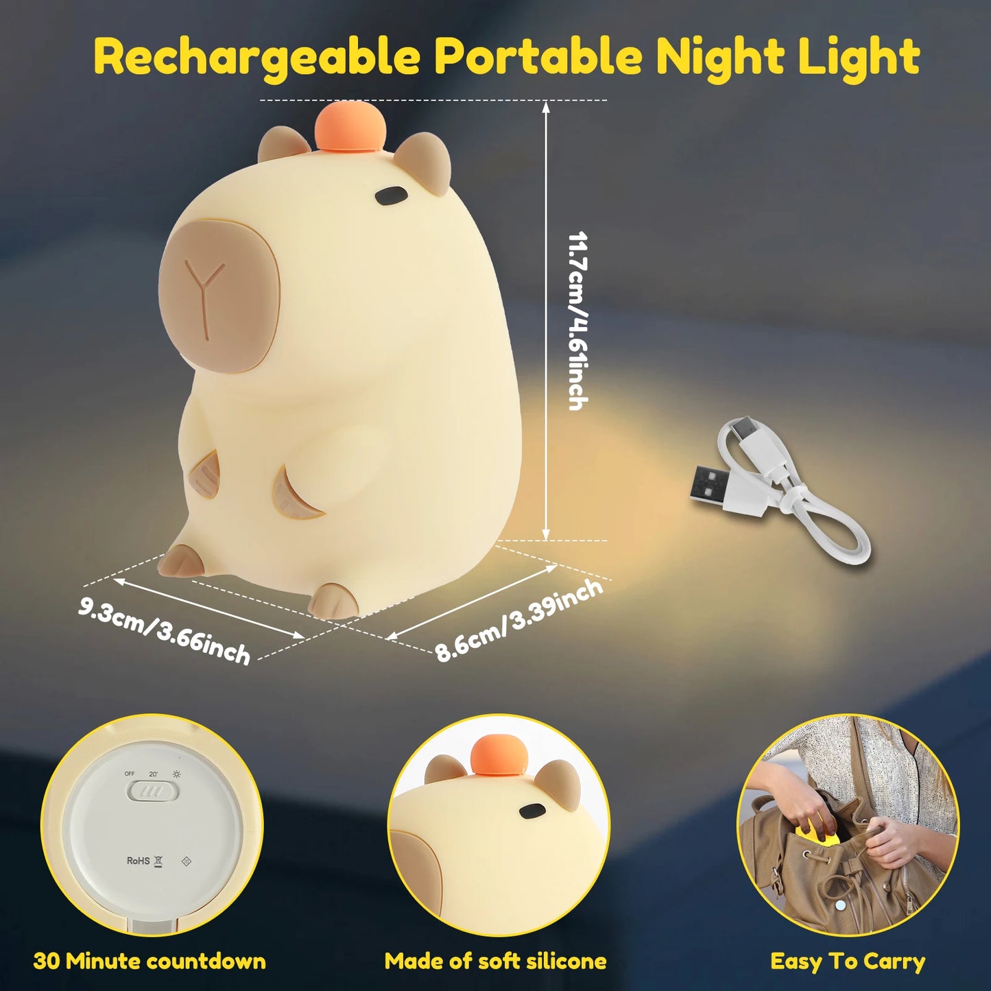 Capybara Lamp USB Silicone Night Light Timing Dimming Sleep Night Lamp for Kid Nursery Decor Cute Animal Touch Bedside Warm Lamp