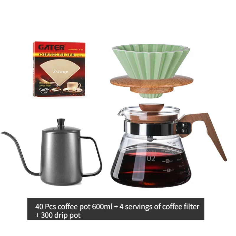 700ML/500ML/300ML Wooden Handle Coffee Pot Glass Coffee Maker Wooden Dripper and Pot Set for Coffee Filter Reusable Filters