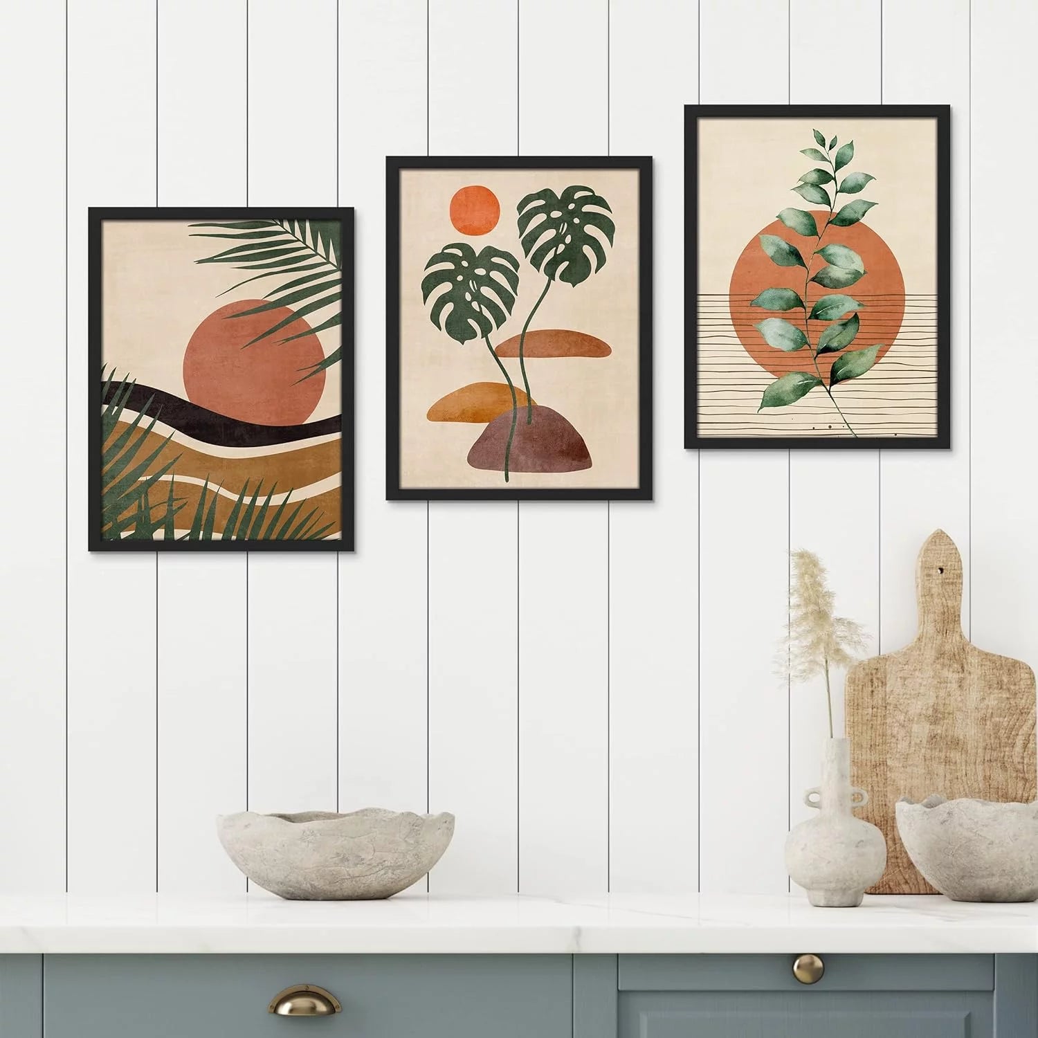 Framed Canvas Print Wall Art Set - Mid-Century Tropical Plant, Desert Landscape & Sun Art - Set of 3 Abstract Geometric Modern Home Artwork Rustic Wall Décor - 12"X16"X3 Panels Black