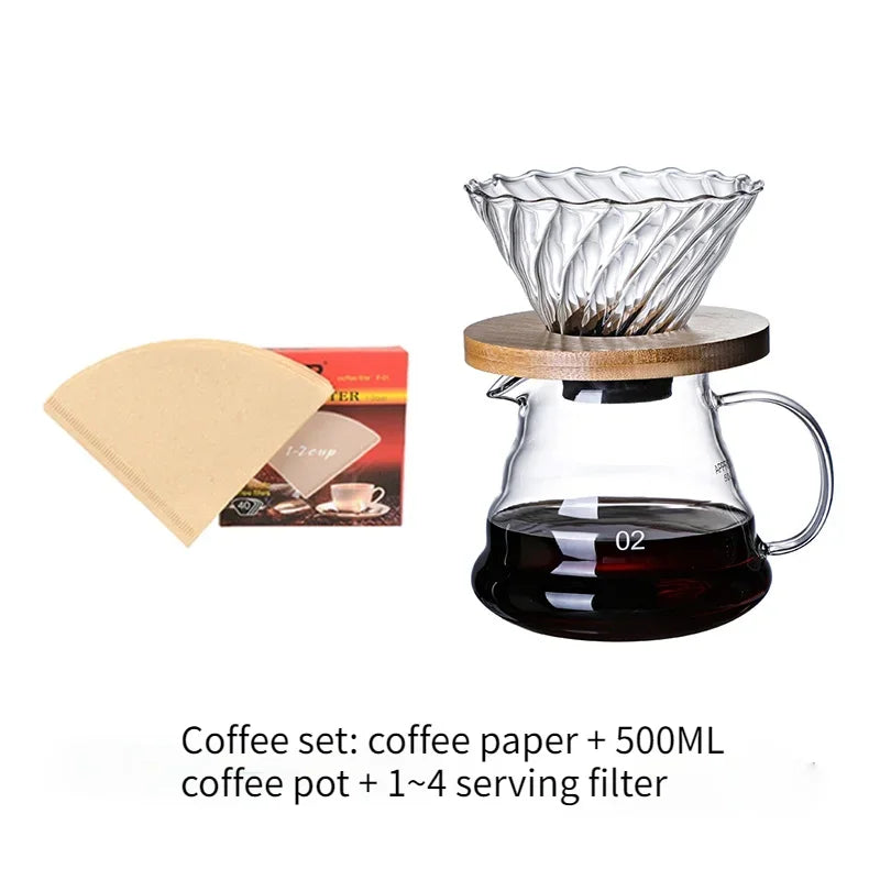 700ML/500ML/300ML Wooden Handle Coffee Pot Glass Coffee Maker Wooden Dripper and Pot Set for Coffee Filter Reusable Filters