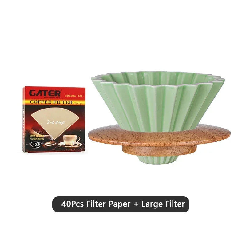 Wooden Coffee Dripper with V Style Drip and Reusable Filters, Ceramic Coffee Filters