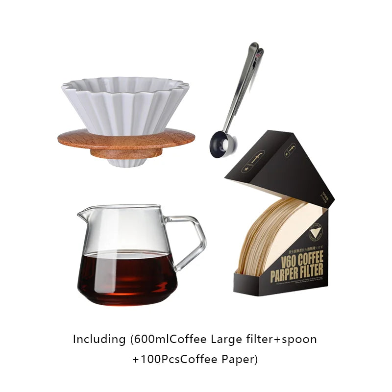 700ML/500ML/300ML Wooden Handle Coffee Pot Glass Coffee Maker Wooden Dripper and Pot Set for Coffee Filter Reusable Filters