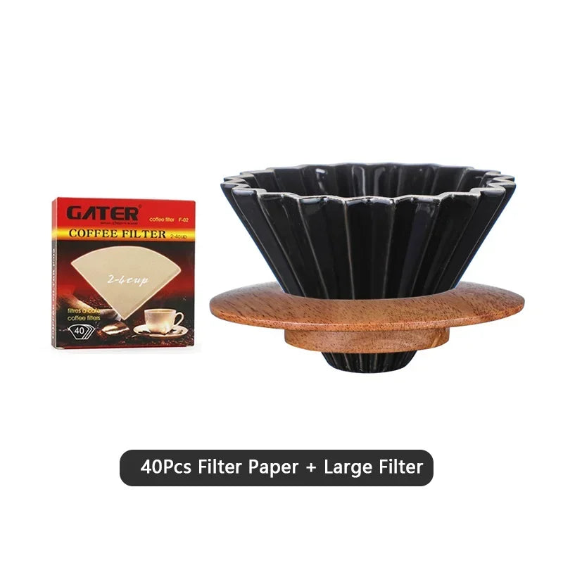 Wooden Coffee Dripper with V Style Drip and Reusable Filters, Ceramic Coffee Filters