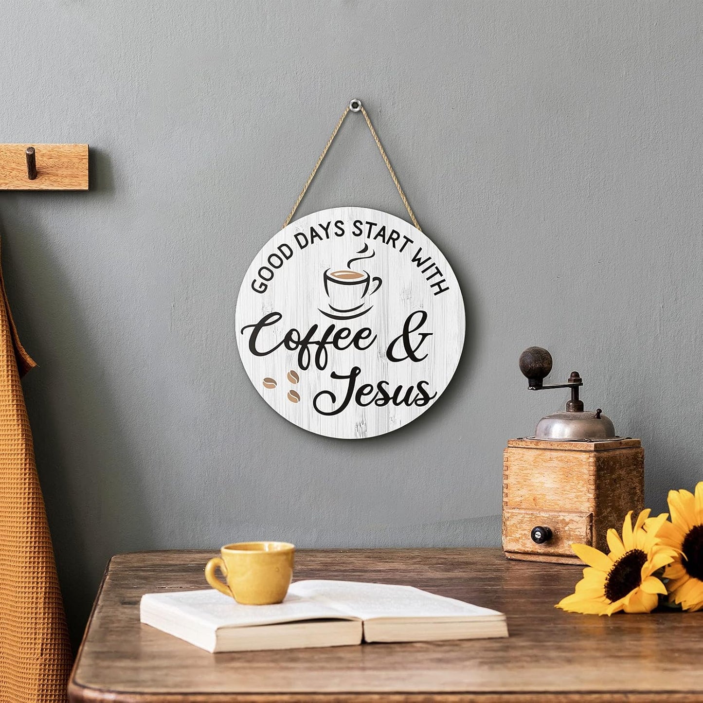 Coffee Bar Decor Coffee Signs, Good Days Start with Coffee & Jesus, Coffee Bar Accessories Decorations,12'' X 12''(White Good Days Start with Coffee & Jesus)