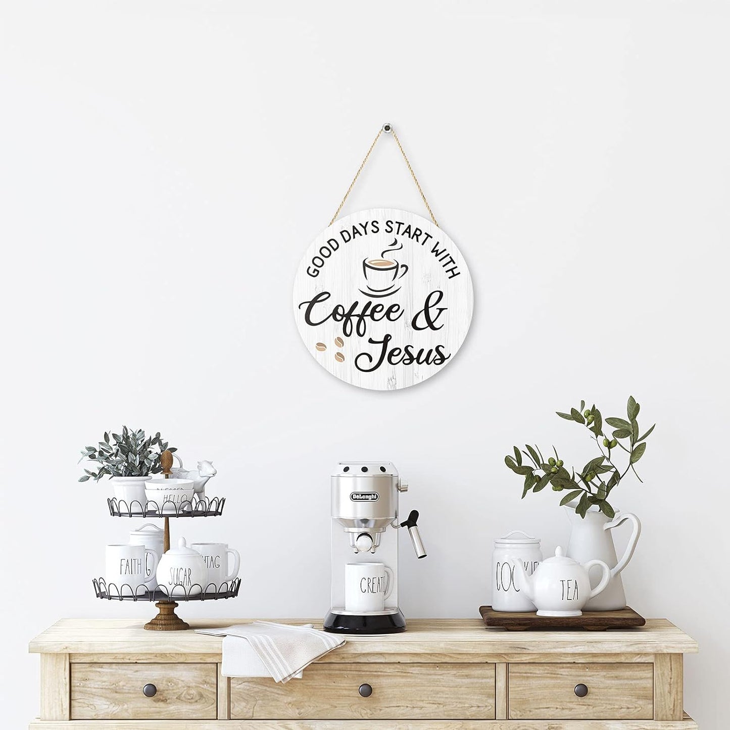 Coffee Bar Decor Coffee Signs, Good Days Start with Coffee & Jesus, Coffee Bar Accessories Decorations,12'' X 12''(White Good Days Start with Coffee & Jesus)