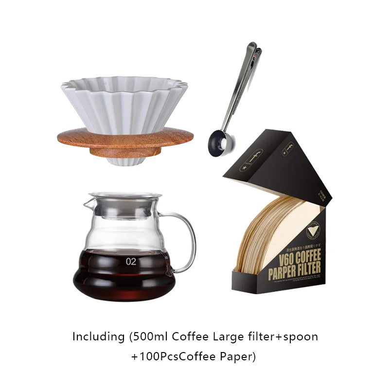 700ML/500ML/300ML Wooden Handle Coffee Pot Glass Coffee Maker Wooden Dripper and Pot Set for Coffee Filter Reusable Filters