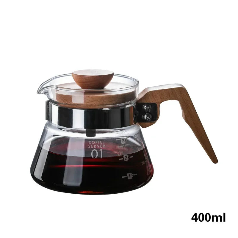 700ML/500ML/300ML Wooden Handle Coffee Pot Glass Coffee Maker Wooden Dripper and Pot Set for Coffee Filter Reusable Filters