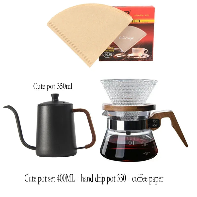 700ML/500ML/300ML Wooden Handle Coffee Pot Glass Coffee Maker Wooden Dripper and Pot Set for Coffee Filter Reusable Filters