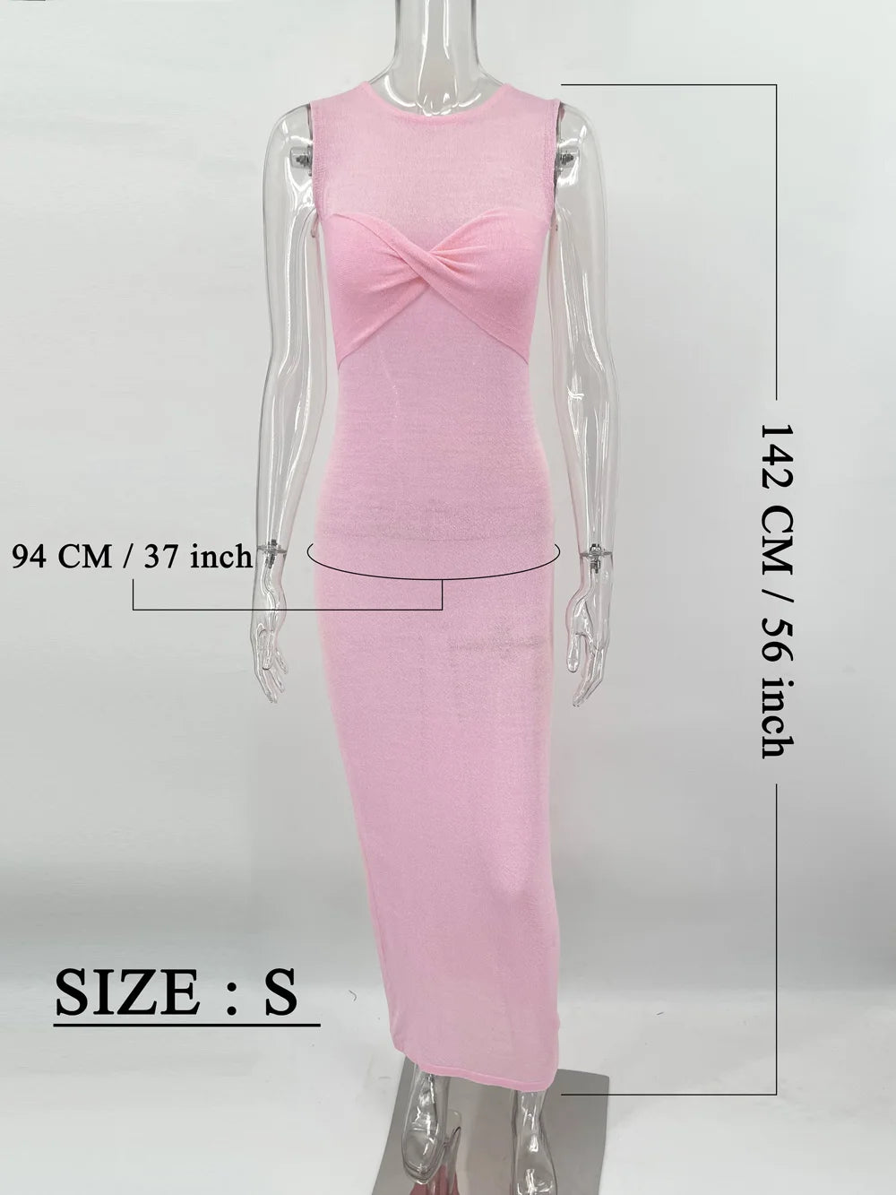 Summer Beach Knit Maxi Dress for Women Cover-Up Pink Sleeveless Twist Sundress Knitwear See-Through Maxi Bodycon Dress New