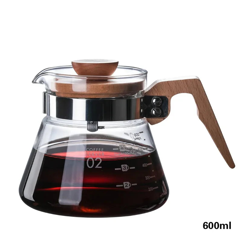 700ML/500ML/300ML Wooden Handle Coffee Pot Glass Coffee Maker Wooden Dripper and Pot Set for Coffee Filter Reusable Filters