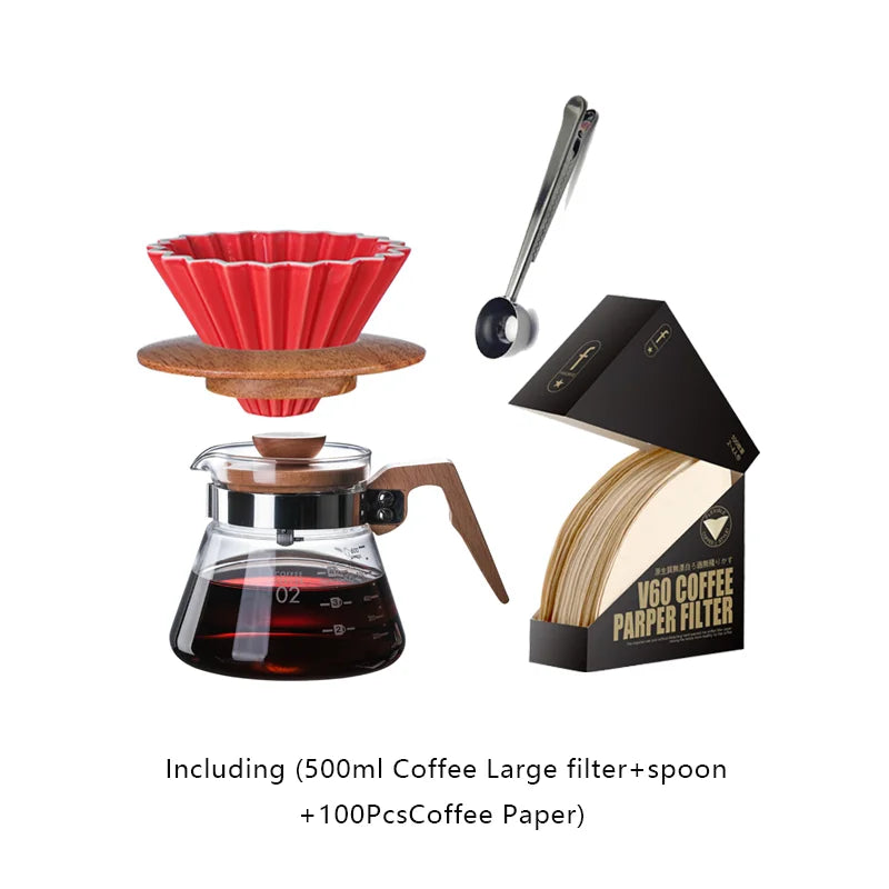 Wooden Coffee Dripper with V Style Drip and Reusable Filters, Ceramic Coffee Filters