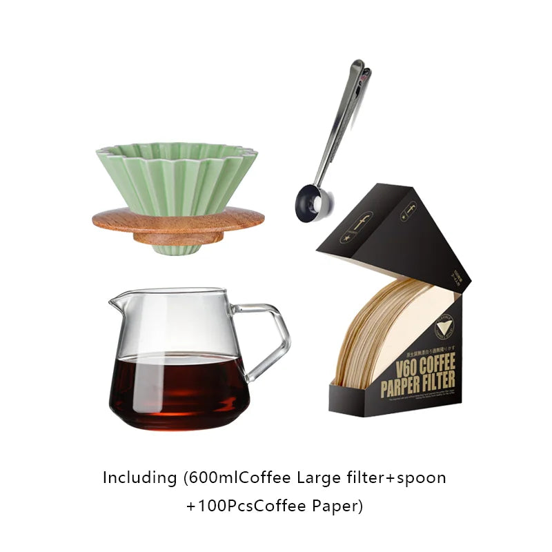 700ML/500ML/300ML Wooden Handle Coffee Pot Glass Coffee Maker Wooden Dripper and Pot Set for Coffee Filter Reusable Filters