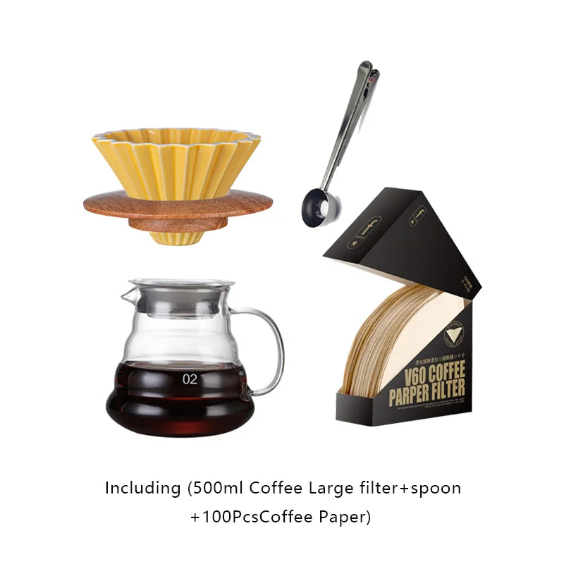 Wooden Coffee Dripper with V Style Drip and Reusable Filters, Ceramic Coffee Filters