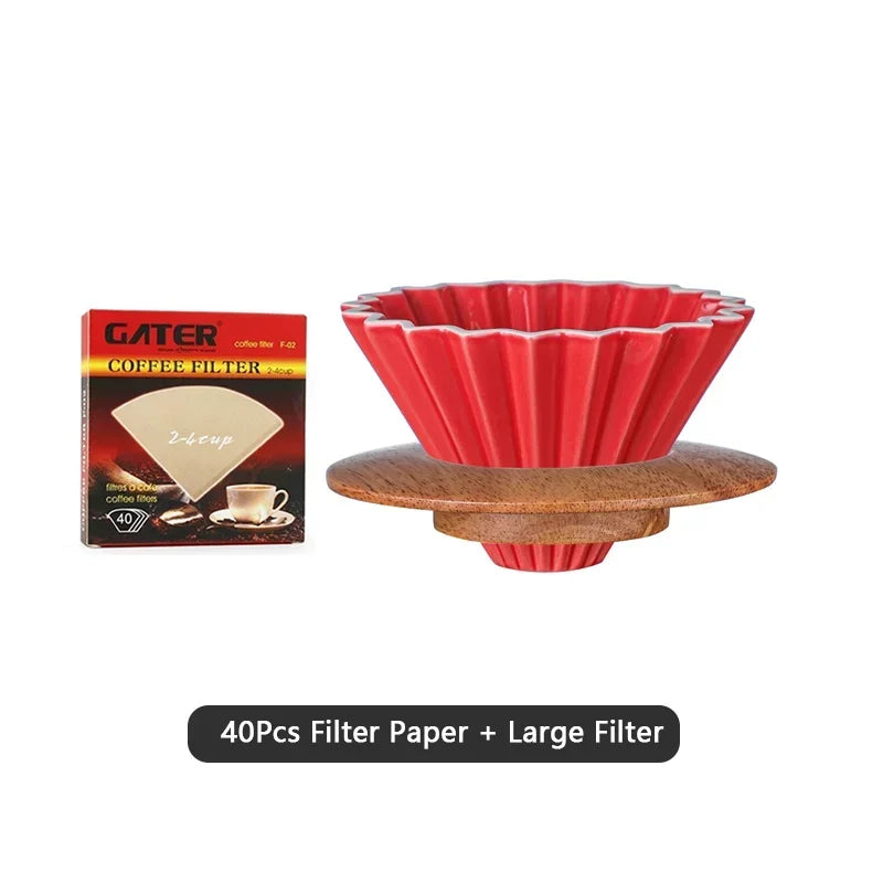 Wooden Coffee Dripper with V Style Drip and Reusable Filters, Ceramic Coffee Filters