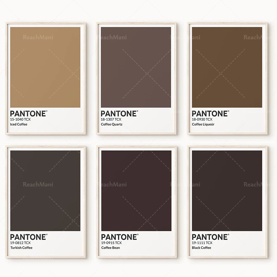 A Set of 6 Pantone Coffee Color Guides, Iced Coffee, Black Coffee, Turkish Coffee, Coffee Beans, Print Art Poster Brown Coffee C