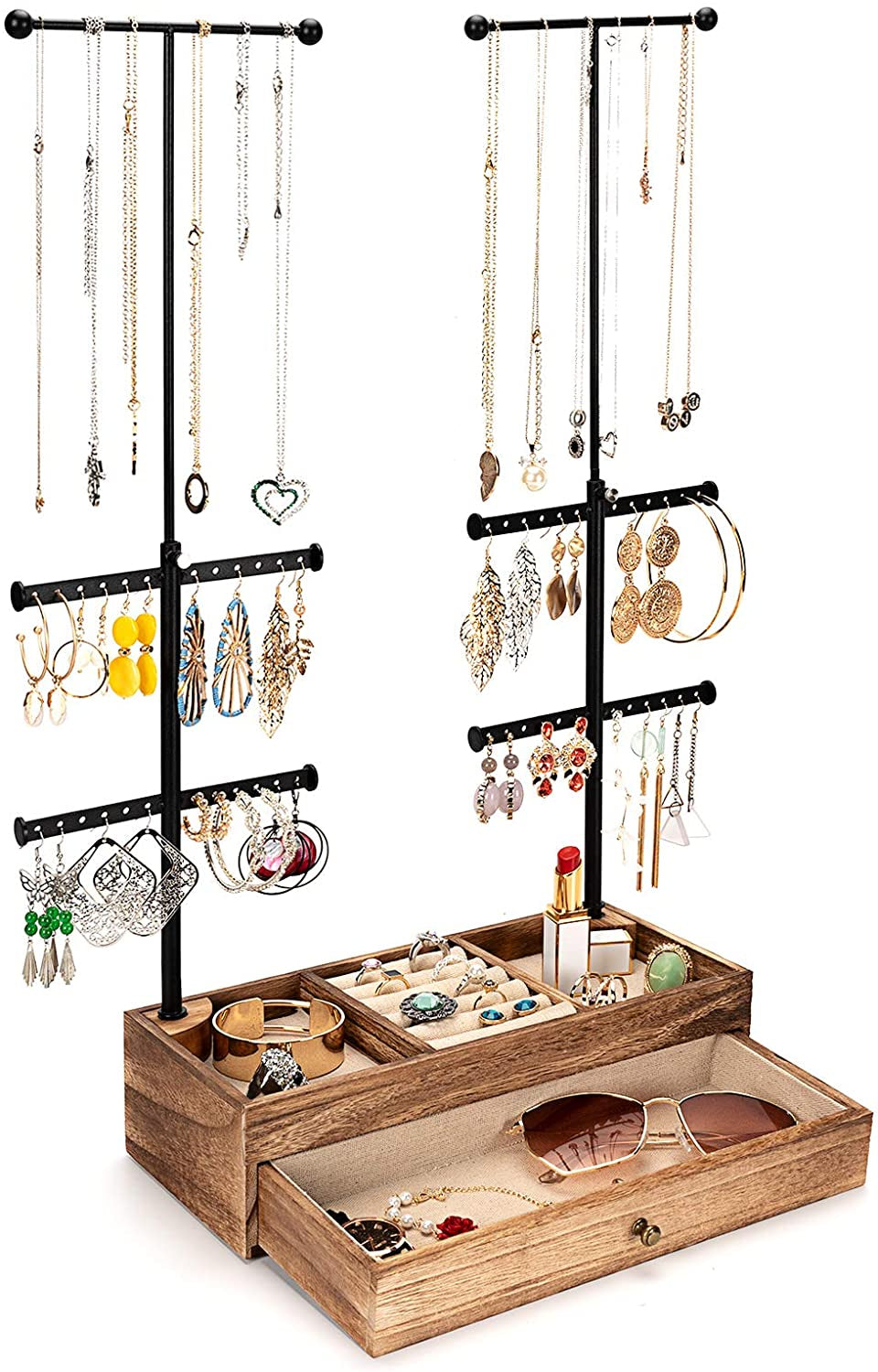 Jewelry Organizer Stand Wood Basic Jewelry Drawer Storage Box with Double Rods & 6 Tier Jewelry Tree Stand Holder for Necklaces Bracelet Earring Ring Display(Carbonized Black)