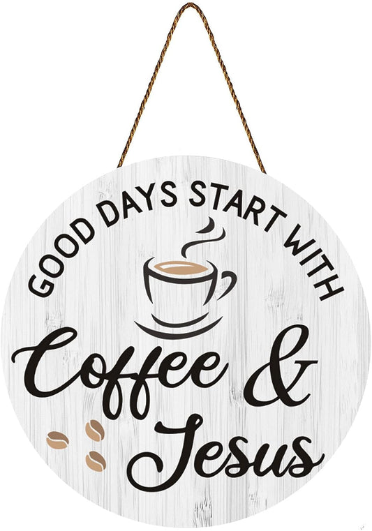 Coffee Bar Decor Coffee Signs, Good Days Start with Coffee & Jesus, Coffee Bar Accessories Decorations,12'' X 12''(White Good Days Start with Coffee & Jesus)