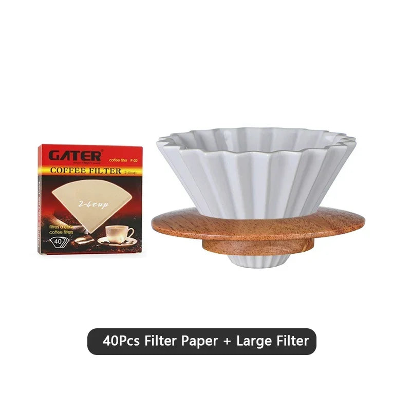 Wooden Coffee Dripper with V Style Drip and Reusable Filters, Ceramic Coffee Filters