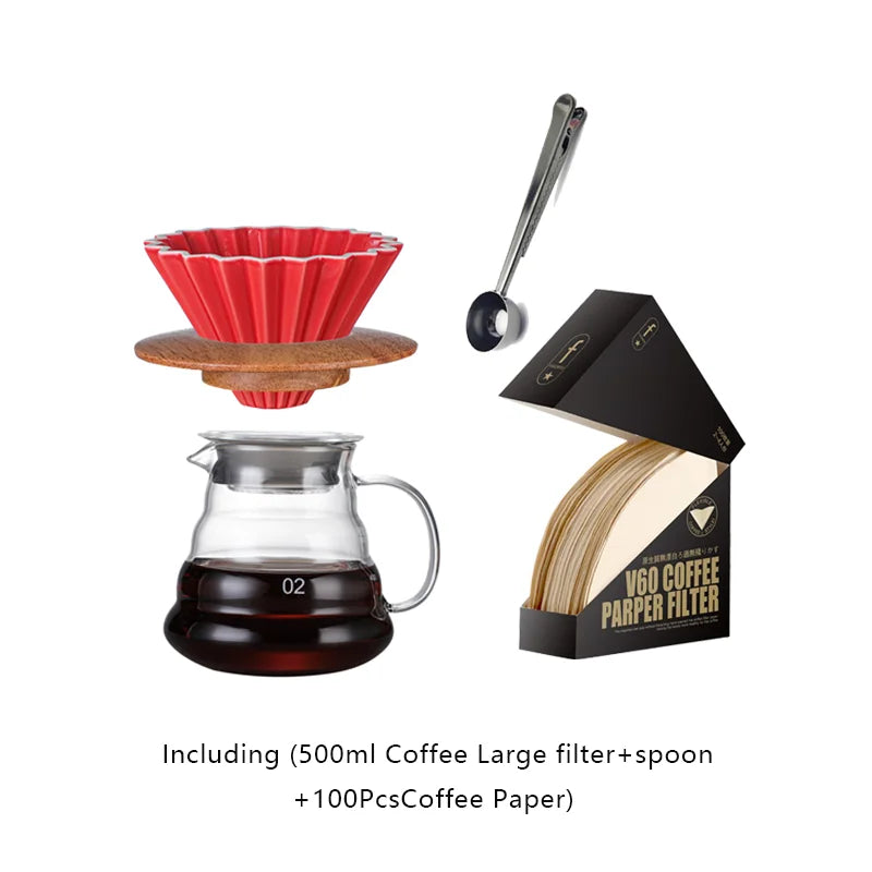 Wooden Coffee Dripper with V Style Drip and Reusable Filters, Ceramic Coffee Filters