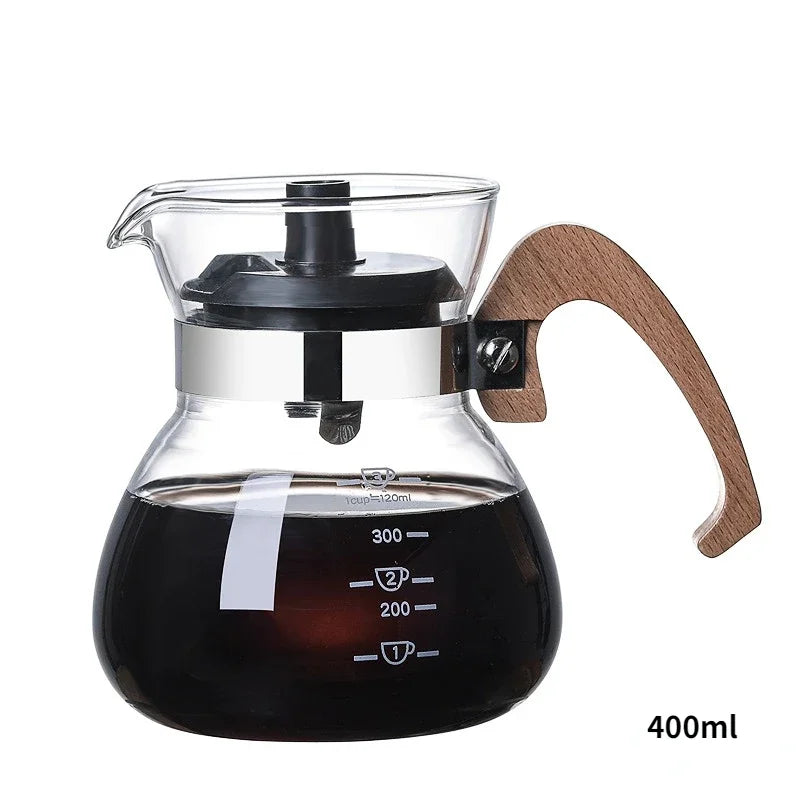 700ML/500ML/300ML Wooden Handle Coffee Pot Glass Coffee Maker Wooden Dripper and Pot Set for Coffee Filter Reusable Filters