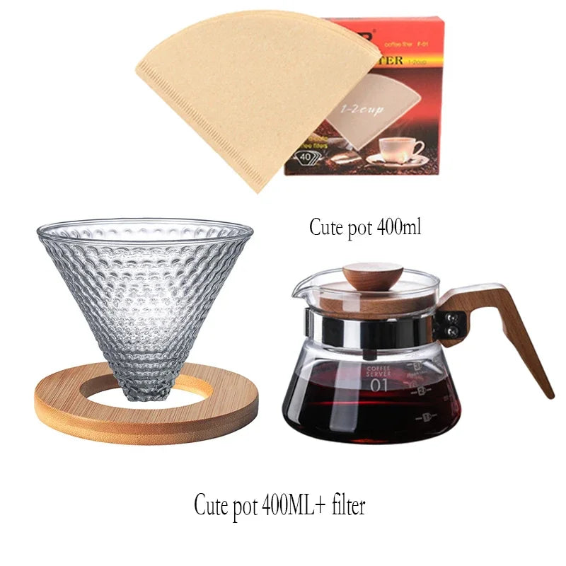 700ML/500ML/300ML Wooden Handle Coffee Pot Glass Coffee Maker Wooden Dripper and Pot Set for Coffee Filter Reusable Filters