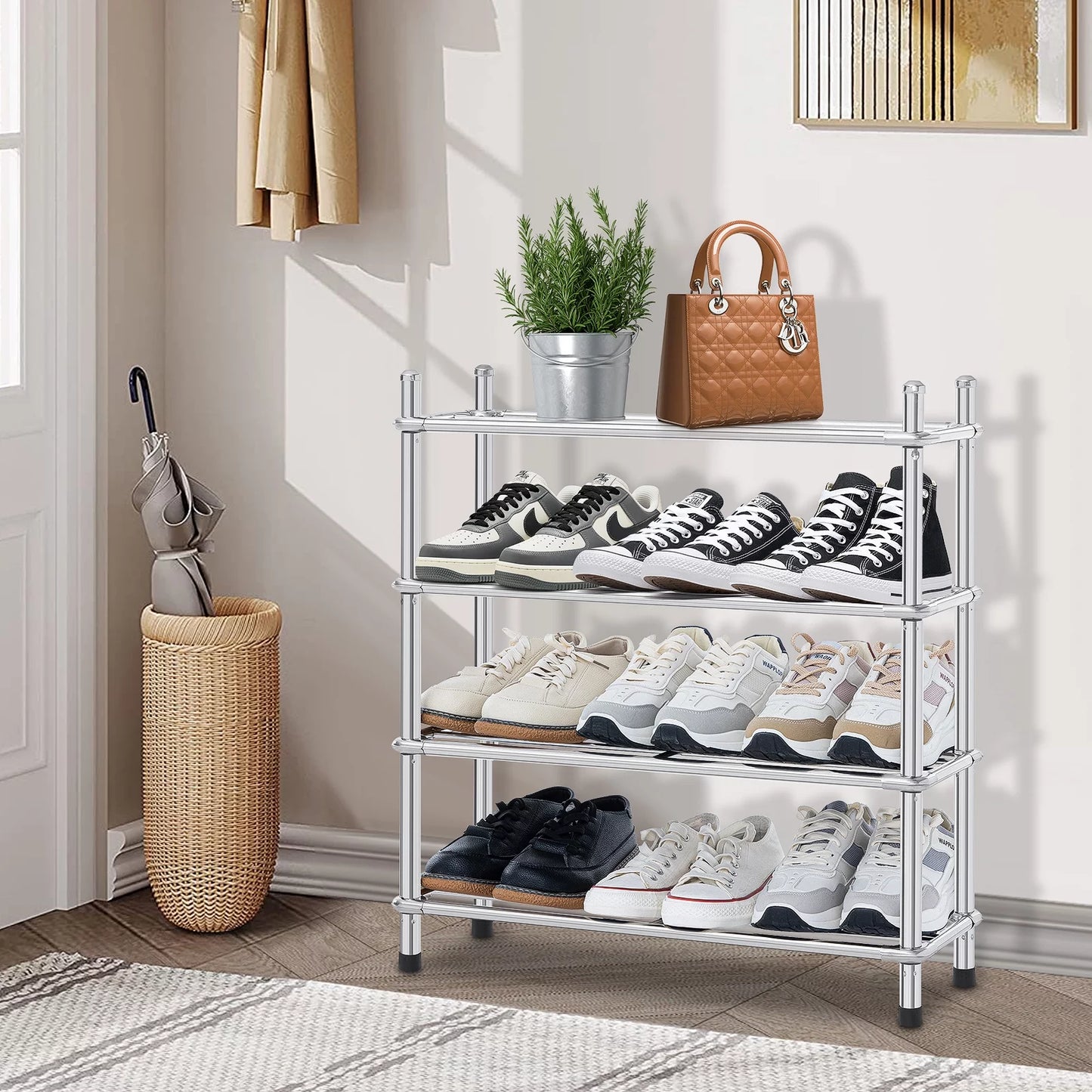 Shoe Rack 4-Tier Shoe Storage Organizer Stainless Steel Shoe Organizer Storage Shelf for Entryway Closet Bedroom for 12 Pairs