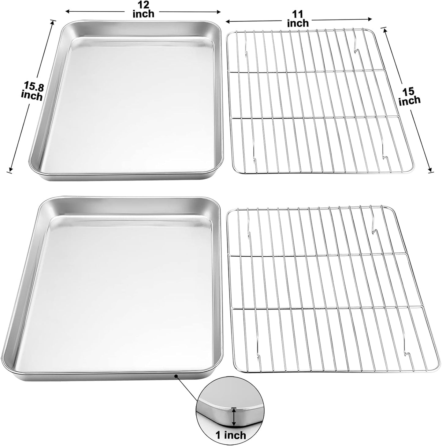 Baking Sheet with Rack Set (2 Pans + 2 Racks), Stainless Steel Baking Pan Cookie Sheet with Cooling Rack, Non Toxic & Healthy, Easy Clean & Dishwasher Safe - 4 Pack