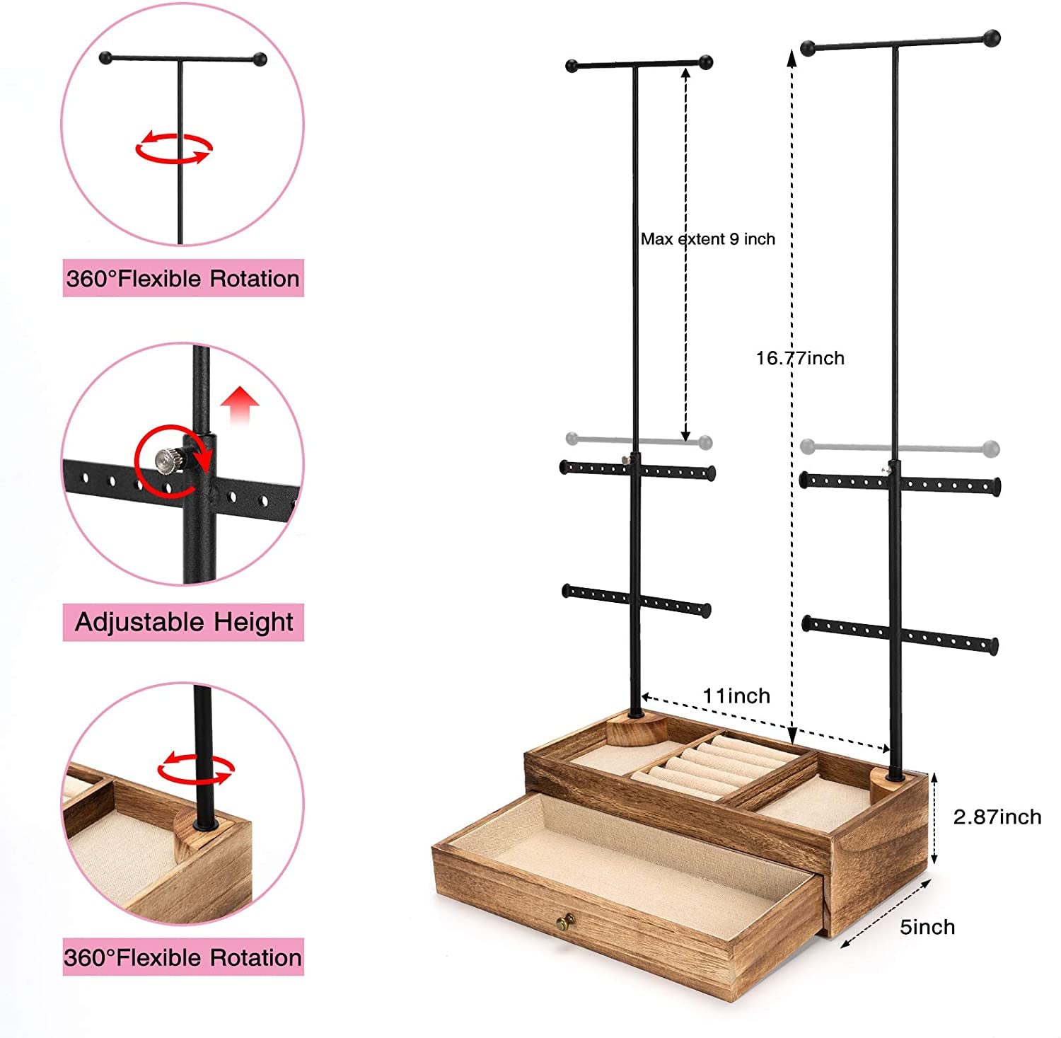 Jewelry Organizer Stand Wood Basic Jewelry Drawer Storage Box with Double Rods & 6 Tier Jewelry Tree Stand Holder for Necklaces Bracelet Earring Ring Display(Carbonized Black)