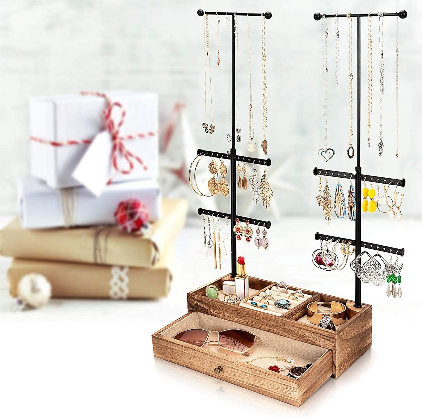 Jewelry Organizer Stand Wood Basic Jewelry Drawer Storage Box with Double Rods & 6 Tier Jewelry Tree Stand Holder for Necklaces Bracelet Earring Ring Display(Carbonized Black)