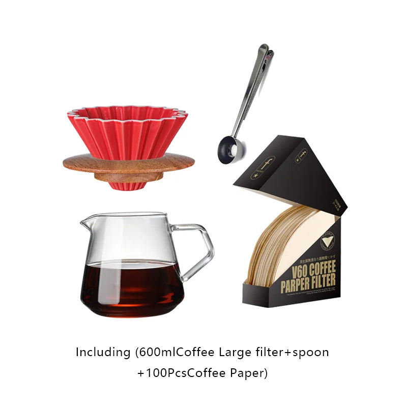 700ML/500ML/300ML Wooden Handle Coffee Pot Glass Coffee Maker Wooden Dripper and Pot Set for Coffee Filter Reusable Filters