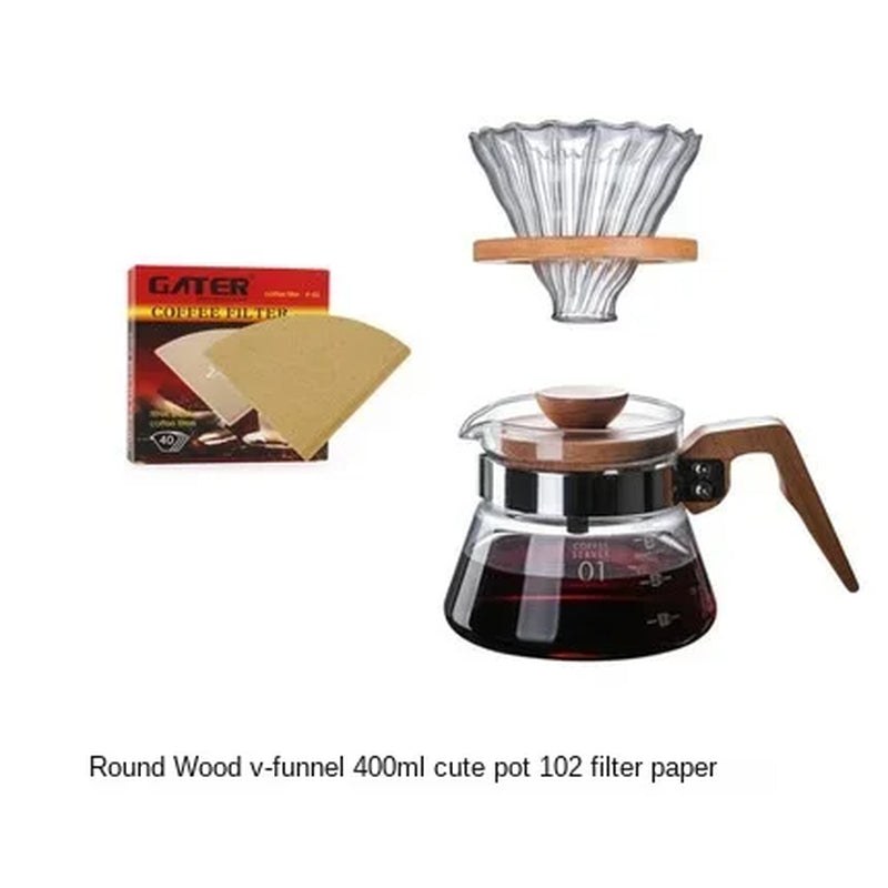 700ML/500ML/300ML Wooden Handle Coffee Pot Glass Coffee Maker Wooden Dripper and Pot Set for Coffee Filter Reusable Filters