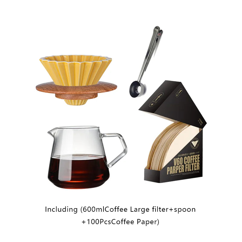 700ML/500ML/300ML Wooden Handle Coffee Pot Glass Coffee Maker Wooden Dripper and Pot Set for Coffee Filter Reusable Filters