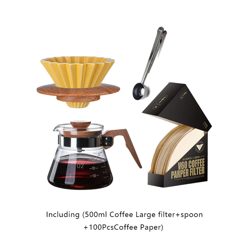 Wooden Coffee Dripper with V Style Drip and Reusable Filters, Ceramic Coffee Filters