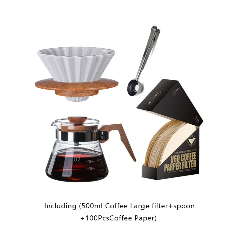 Wooden Coffee Dripper with V Style Drip and Reusable Filters, Ceramic Coffee Filters