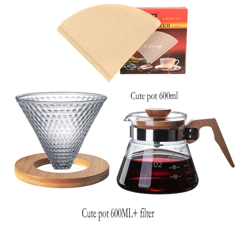 700ML/500ML/300ML Wooden Handle Coffee Pot Glass Coffee Maker Wooden Dripper and Pot Set for Coffee Filter Reusable Filters