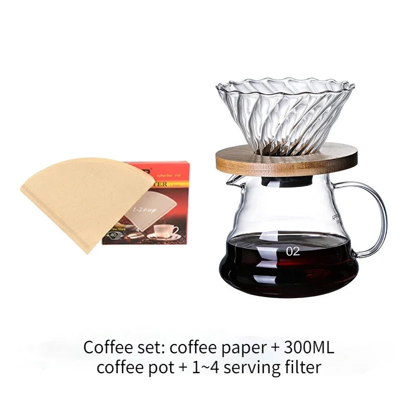 700ML/500ML/300ML Wooden Handle Coffee Pot Glass Coffee Maker Wooden Dripper and Pot Set for Coffee Filter Reusable Filters