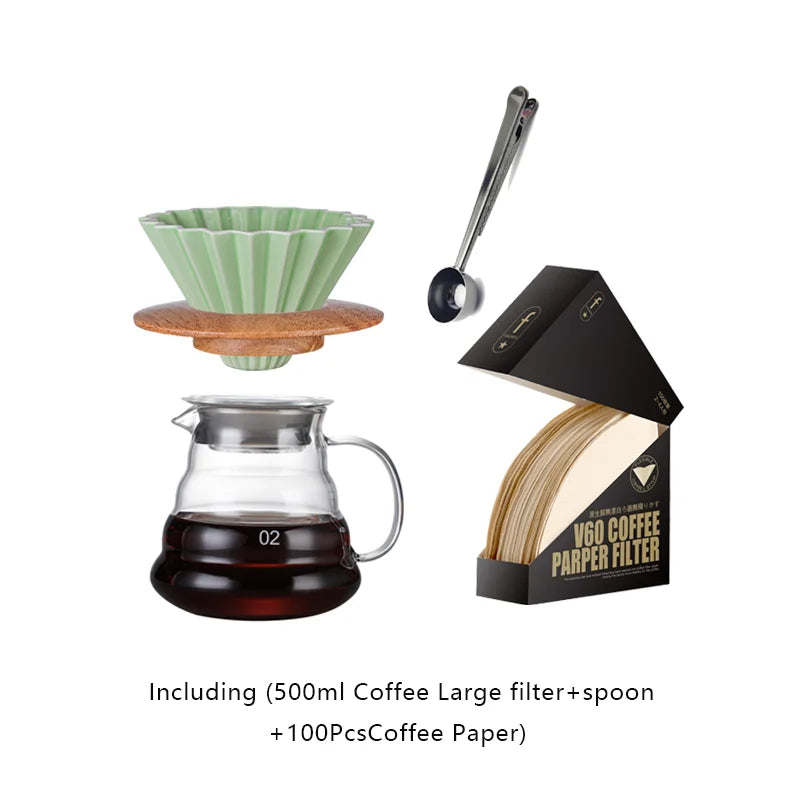 Wooden Coffee Dripper with V Style Drip and Reusable Filters, Ceramic Coffee Filters