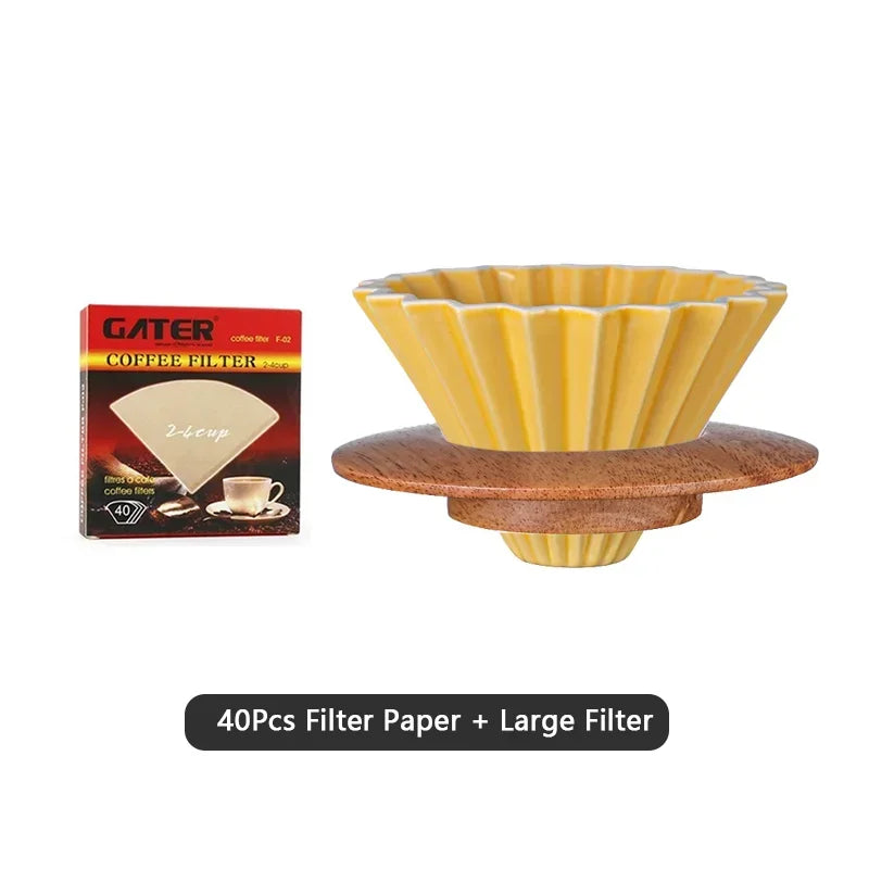 Wooden Coffee Dripper with V Style Drip and Reusable Filters, Ceramic Coffee Filters