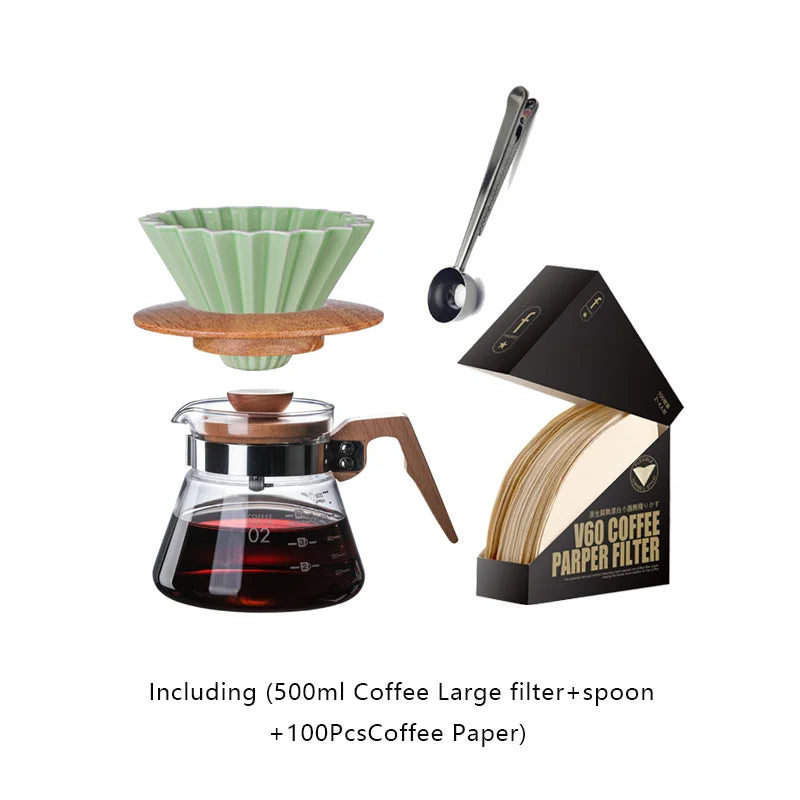 Wooden Coffee Dripper with V Style Drip and Reusable Filters, Ceramic Coffee Filters