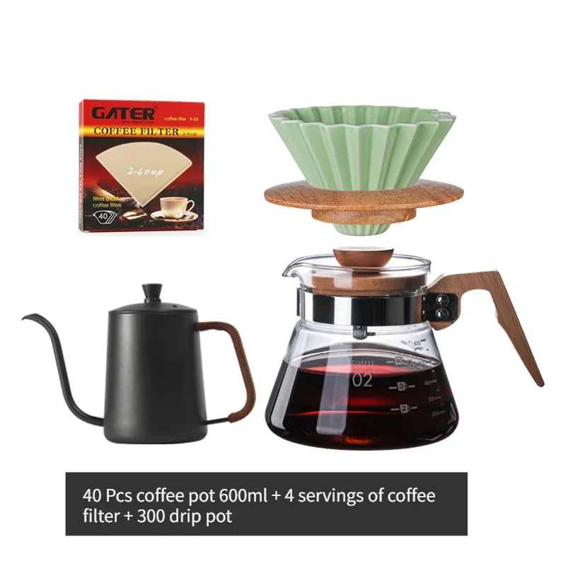 700ML/500ML/300ML Wooden Handle Coffee Pot Glass Coffee Maker Wooden Dripper and Pot Set for Coffee Filter Reusable Filters