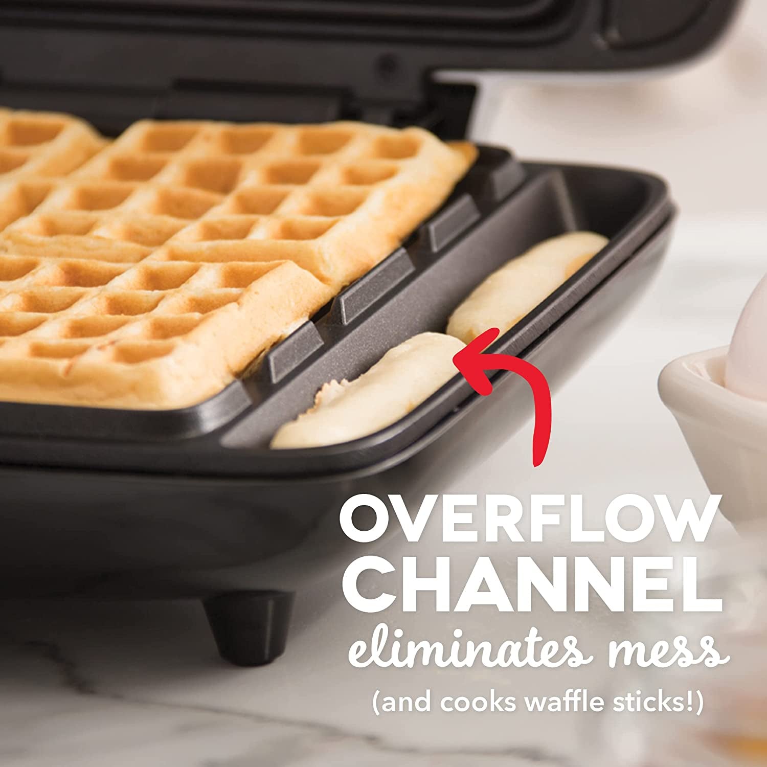 Deluxe No-Drip Waffle Iron Maker Machine 1200W + Hash Browns, or Any Breakfast, Lunch, & Snacks with Easy Clean, Non-Stick + Mess Free Sides, Red